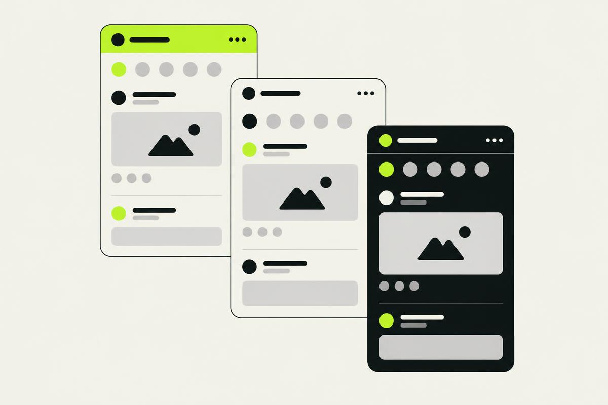 Three overlapping community screens: a feed, a space list and an assistant answer, drawn in ink outlines with a lime header